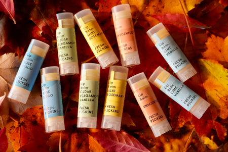 Fresh Pickins Lip Balms in the leaves
