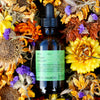 Bottle of Wild Chaga Extract from Fresh Pickins Farm surrounded by dried flowers and herbs