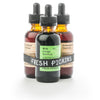 Three bottles of Fresh Pickins Farm Adaptoge tinctures on a white background
