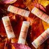 Organic Beeswax unscented Lip balm tubes on autumn leaves at Fresh Pickins Farm