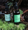 Two bottles of Fresh Pickins Farm Wild Chaga Extract on a mossy surface with a natural background.