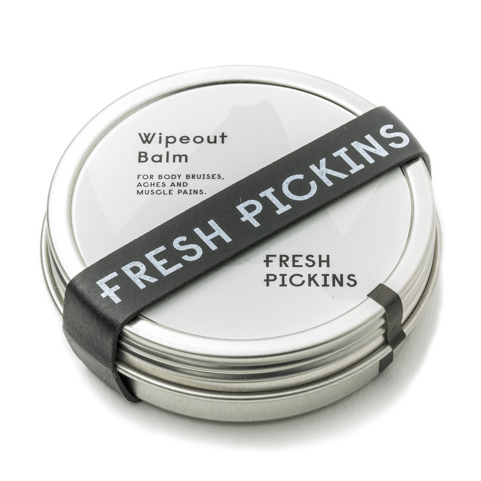A metal tin container with a black label that reads 'WIPEOUT SORE MUSCLE BALM' and 'FRESH PICKINS'.